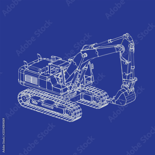 Technical vector blueprint of an industrial excavator, a precision digital drawing for construction equipment design and engineering visualization projects