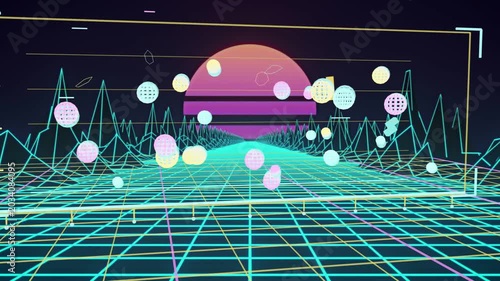 Ribbon appearing, cyan grid and magenta sun sending pastel spheres forward, creating busy midground