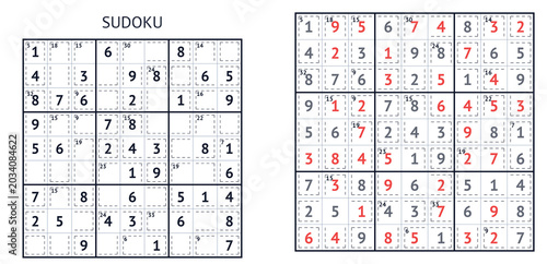 Photos Sudoku puzzle grids with numbers and hints in red