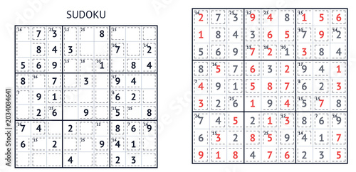 Bild auf Leinwand Sudoku puzzle with filled and incomplete grids in black and red