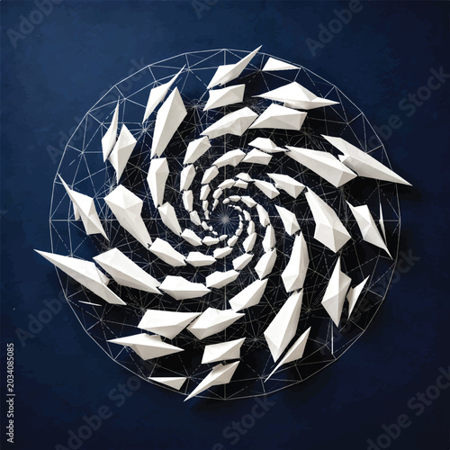 Intricate Geometric Spiral Sculpture with Sharp White Edges on a Dark Blue Circular Background