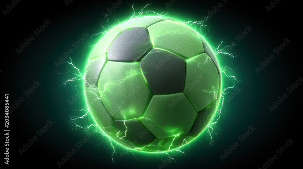 Naklejka premium Soccer ball with glowing green energy and lightning on dark background