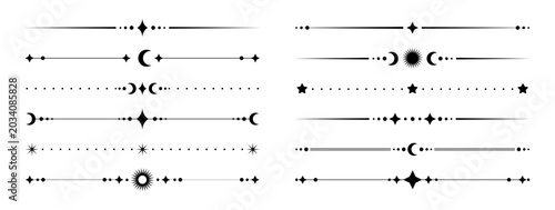 Celestial divider lines set, esoteric astrology decorative borders with mystical crescent moon, stars and sun shapes