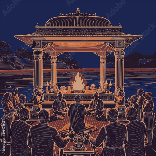 Vedic Ritual Ceremony by a River with Fire and Gilded Pavilion