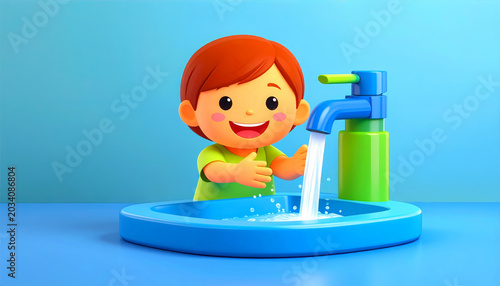 Illustration of a boy standing and washing his hands at the sink.