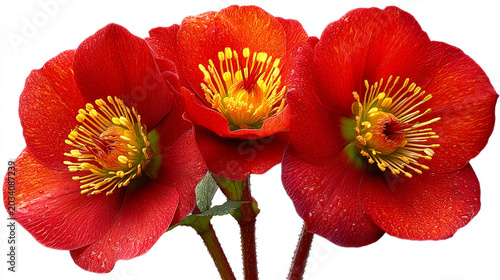 Three bright red flowers with yellow centers and green stems botanical close