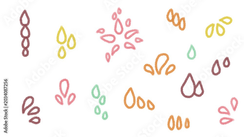 Playful transparent pattern of pastel colored abstract teardrop shapes and clusters scattered on a white background for fresh design elements.