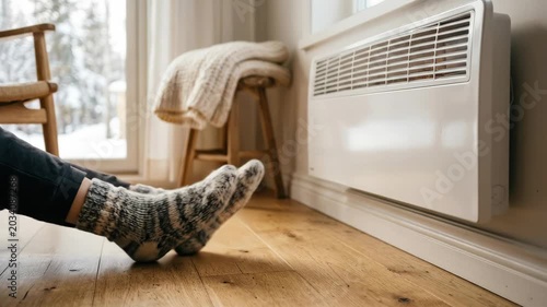 Feet in woolen socks in front of a heater on wooden floor, warmth, comfort and home energy efficiency in a cozy indoor winter setting, soft natural light, realistic textile detail, clean composition,