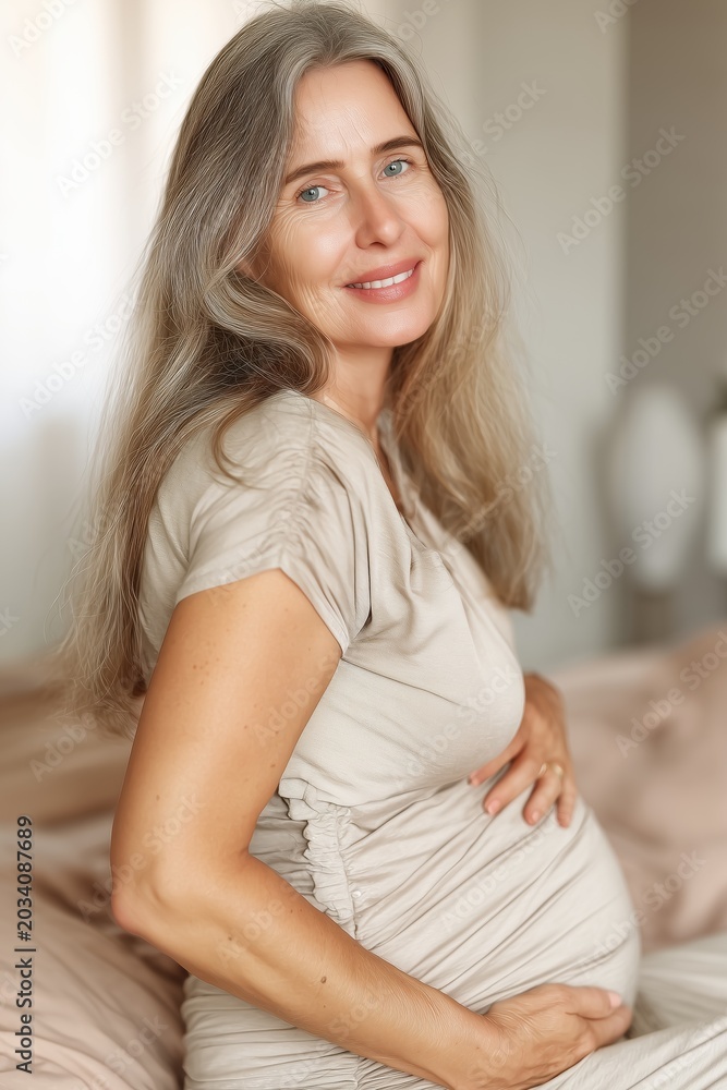 Naklejka premium Mature pregnant woman smiling portrait indoors natural light motherhood lifestyle concept