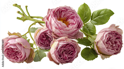 Group of lush pink antique roses with dew drops and green leaves climbing rose tea rose