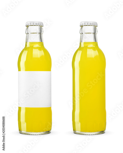 Clear glass bottle with yellow soda soft drink isolated. Transparent PNG image.