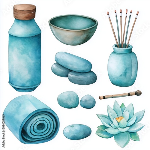Set of watercolor elements for yoga and spa treatments Generative AI