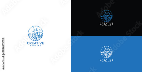 Cuadro en lienzo Modern minimalist line art ocean wave and sun logo design, an elegant graphic identity for creative brands, travel agencies, or coastal businesses