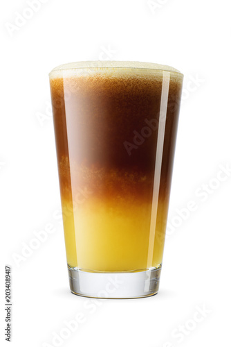 Glass of bumble coffee drink with orange juice and syrup isolated. Transparent PNG image.