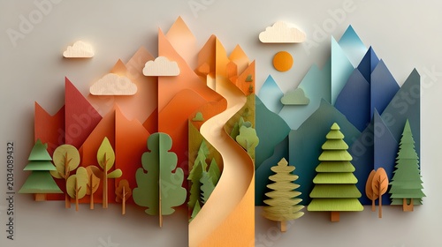 A vibrant papercraft scene depicting a whimsical mountain landscape with rolling hills, trees, and fluffy clouds. The colorful composition evokes a sense of adventure and nature