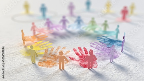 Medium shot of a restorative justice circle with vibrant overlapping handprints in soft pastel tones linked human icons softly blurred in background on an offwhite textured