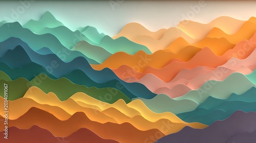Abstract layered landscape with vibrant, warm colors creating a sense of rolling hills or waves, invoking creativity and depth
