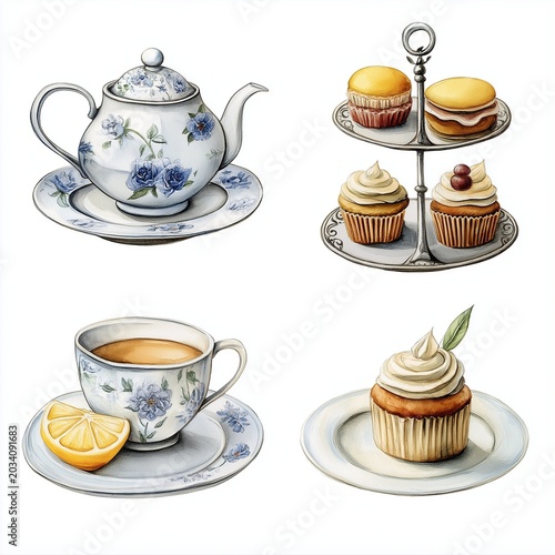 Watercolor afternoon tea clipart collection with teapot, teacup and desserts Generative AI