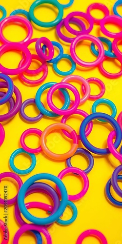 Vibrant plastic rings scattered on a bright yellow surface, textured, rings