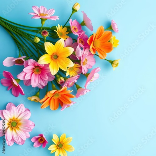 Vibrant floral arrangement over blue background with delicate petals unfolding, flower, arrangement