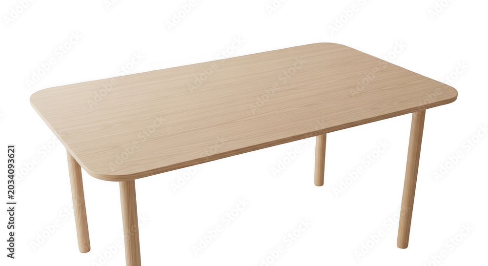 Fototapeta premium A rectangular light wood table with rounded corners and four cylindrical legs, isolated against a solid black background
