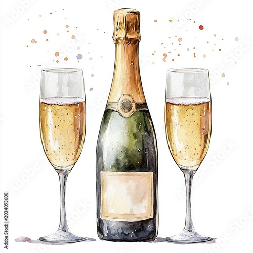 Champagne bottle and two glasses for New Year celebration Generative AI.