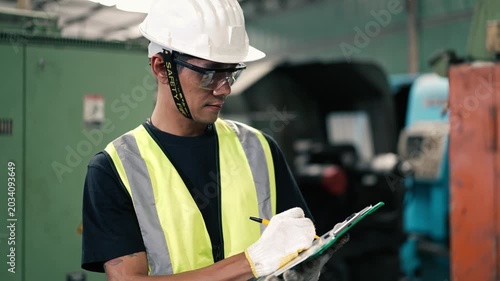 Asian male worker wearing hard hat, safety vest, goggle and glove writing on clipboard. Professional inspector check machine inside manufacturing plant or industrial factory.