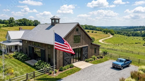 American flag on a modern barn, patriotic rural architecture scene with farmhouse charm, national identity and countryside lifestyle mood in strong daylight, realistic detail, clean composition,