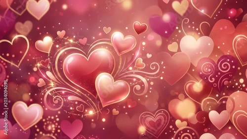 Abstract background with hearts, romantic design backdrop for seasonal branding, greeting campaigns and social media visuals, soft red-pink tones, layered heart shapes and polished festive atmosphere