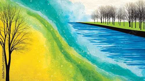 Stylized landscape with a bare tree and a river flowing through colorful abstract shapes