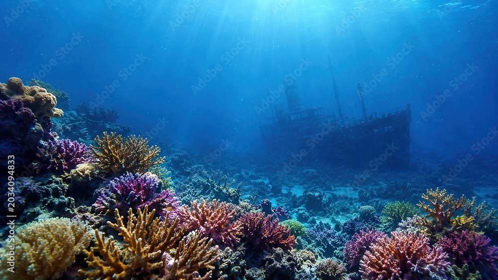 Fototapeta premium Mysterious underwater coral reef with an ancient shipwreck in the depths of the tropical ocean, cinematic seascape with sunbeams, ultra-realistic luxury underwater atmosphere and dreamlike exploration