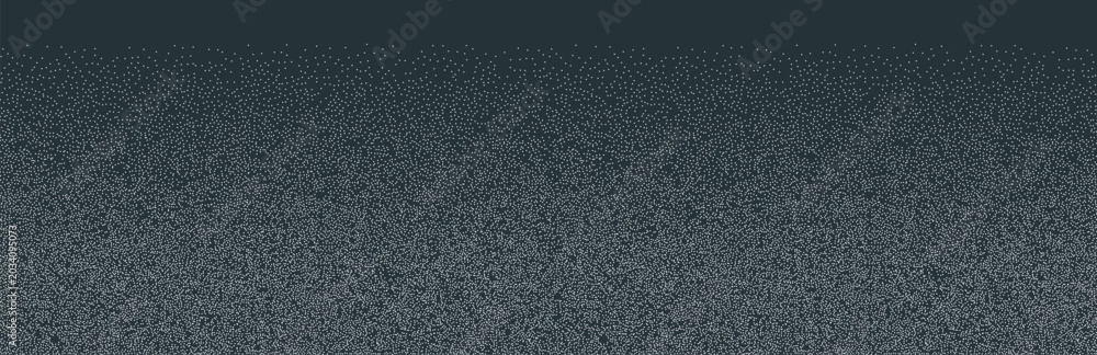 Fototapeta premium Dark stipple gradient background banner with fine white grain and noise texture fading into a black backdrop. horizontal seamless pattern