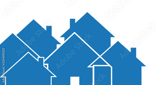 A geometric illustration of multiple blue houses on a white background, representing housing