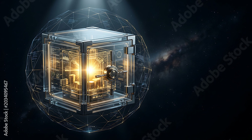 Futuristic Digital Data Vault Cube Technology with Abstract Cosmic Background