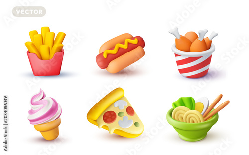 3d fast food and asian ramen icons set, vector realistic noodle bowl, hot dog, fried chicken legs bucket, pepperoni pizza slice, french fries and ice cream cone icons on white