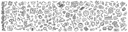 Business and finance doodles line art background, hand drawn black vector pattern with marketing, corporate and startup icons on white