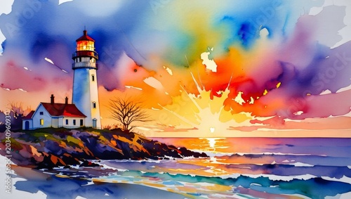 Colorful watercolor lighthouse on the rocky shore against a dramatic sunset sky