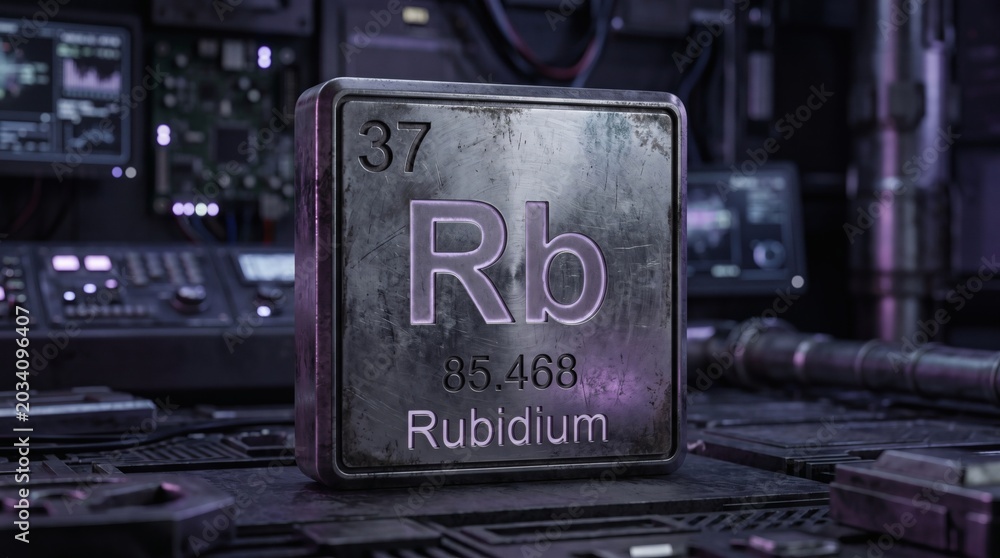Obraz premium Rubidium Element Displayed on a Futuristic Metallic Plaque in a Laboratory Setting.