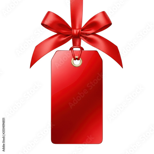 Red gift tag with satin ribbon bow isolated on a transparent background