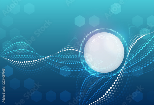 Abstract futuristic technology background with flowing dotted wave mesh, glowing circular interface, and hexagonal elements in blue tones. Perfect for digital innovation and tech presentations.