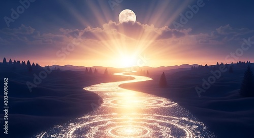 Dramatic landscape with river reflecting sunrise and full moon
