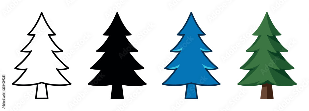 Obraz premium Christmas tree icons set. Fir tree icon. Evergreen tree symbol. Pine tree. Winter holiday. Nature element. Flat, line, and solid style
