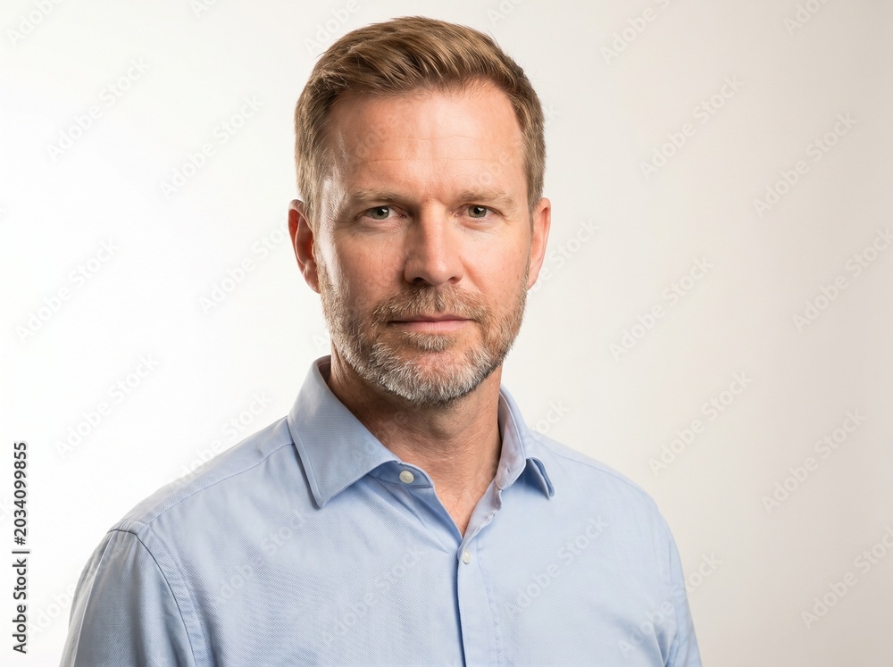 Obraz premium Serious man with short hair and light grey shirt posing neutrally