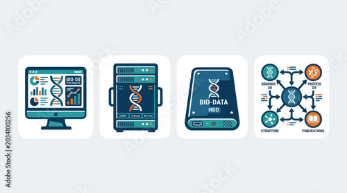 Bild auf Leinwand Biotechnology and bioinformatics data analysis icons set.