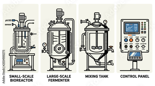Obraz na płótnie Bio-processing equipment icons for bioreactors and mixing tanks.