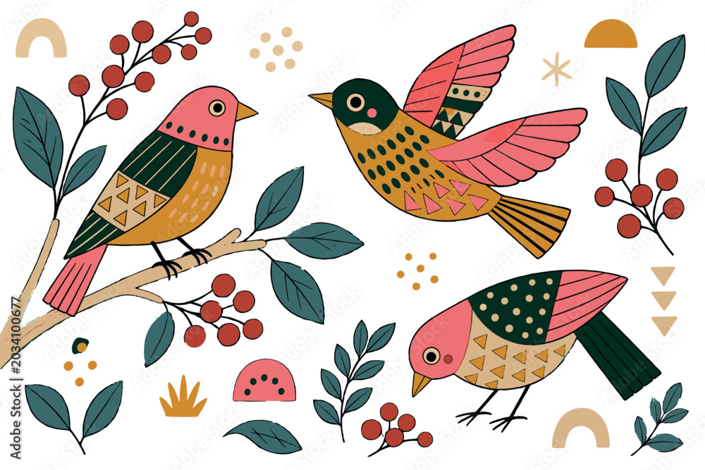 Obraz premium Folk art birds icons set. Colorful birds and botanical elements. Bird on branch. Flying bird. Berries, leaves, abstract shapes. Hand-drawn doodle style