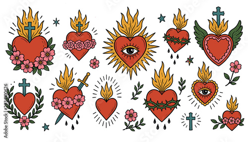 Sacred heart icons set. Flaming heart symbol. Religious heart with cross. Love, faith, spirituality. Traditional tattoo style