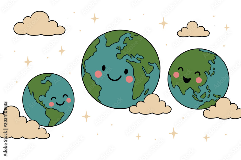 Fototapeta premium Happy Earth icons set. Smiling planet Earth icon. World globe symbol. Clouds and stars decoration. Hand-drawn doodle style
