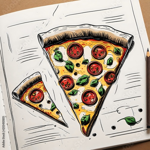 A vibrant, hand-drawn illustration of a pepperoni pizza slice, complete with melted cheese, fresh basil, and a crunchy crust, sits atop a sketched page next to a smaller slice.