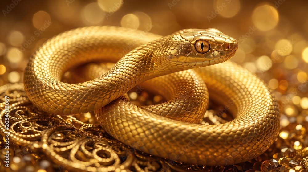 Obraz premium A coiled golden snake with detailed scales rests on an ornate, shimmering surface with glowing bokeh lights in the background.